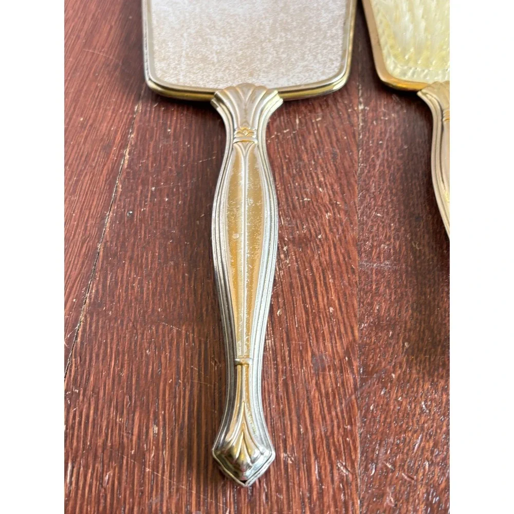 Vintage Floral Guilloche Vanity Set Hand Mirror Brush Comb Gold Tone 3pc